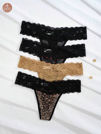 4pcs/Pack Women's Sexy Lace Thong Panties