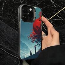 Funda de Teléfono Diseño de Paisaje de Árbol Azul y Rojo para iPhone 14 13 12 11 Pro Max y  Galaxy S23 S22 S21 Plus Opción de Regalo Ideal para Todas las Estaciones - Negro - Ver 4