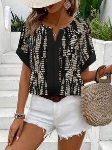Women's Summer Casual V-Neck Short Sleeve Contrast Color Sleeve Allover Print Shirt, American Vintage Texture Print Shirt, Flattering Relaxed Fit Versatile Design - Black - View 3