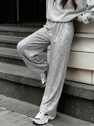 Damen Lässig einfarbige Slim Fit Hose mit Pailletten Verzierung, geeignet für täglichen Weg zur Arbeit und Bürokleidung, Herbst/Winter