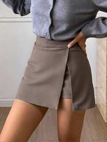 Livesso Solid Color Side Split Casual Skorts Summer - Khaki - View 1