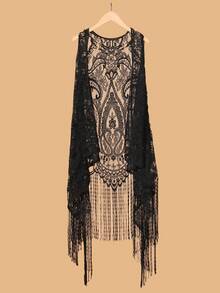 Versatile Lace Tassel Shawl Hollow Out Long Sleeveless Cardigan, Summer Outerwear - Multicolor - View 4