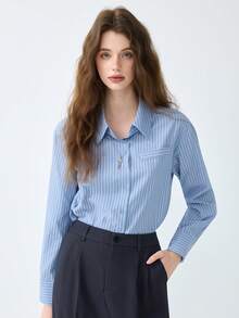 2025 Frühling/Herbst Neu Blaues Langarm Gestreiftes Hemd, Professionell für Vorstellungsgespräche & Pendeln, vielseitig & minimalistisch Bluse