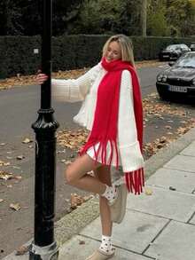 1PC Women's Christmas Red Autumn/Winter Solid Color Versatile College Style Elegant Coarse Beard Thick Warm Scarf, Suitable For Cold Proof Shopping And Dressing In Autumn/Winter Season - Bright Red - View 7