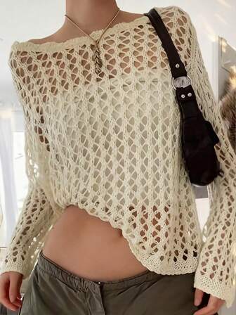 Lös avslappnad ihålig tröja för kvinnor, långärmad, lämplig för höstresort, långärmade toppar