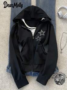 DEAR MOLLY Women's Sparkling Rhinestone Star Pattern Zipper Hooded Jacket, Fashionable Casual Everyday Wear Long Sleeve Outerwear For Autumn/Winter, New Year - Black - View 1