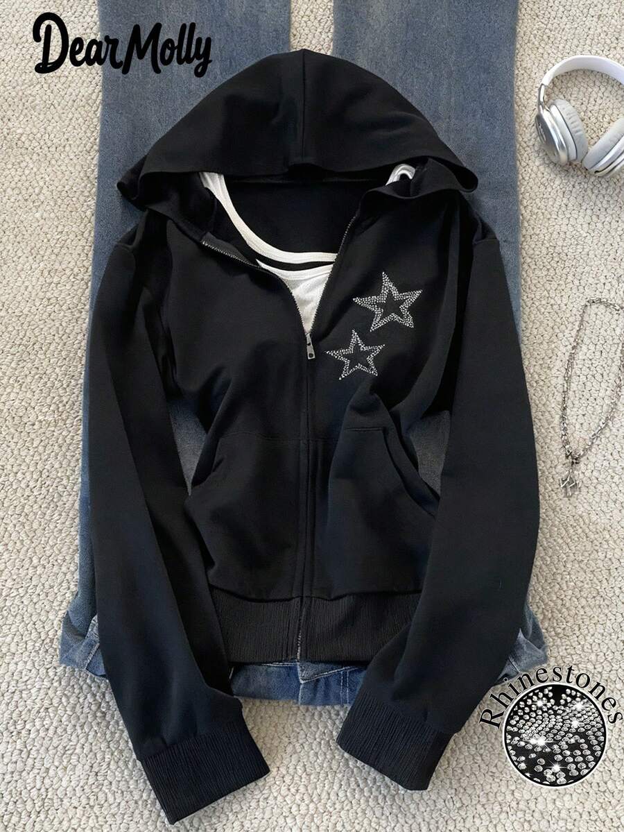 DEAR MOLLY Women's Sparkling Rhinestone Star Pattern Zipper Hooded Jacket, Fashionable Casual Everyday Wear Long Sleeve Outerwear For Autumn/Winter, New Year - Black - View 1