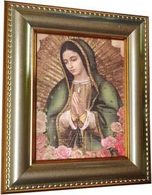 Cuadro Religioso de la Virgen de Guadalupe, Marco Plateado de Lujo con Detalles Perlados, Litografía en Lino, 18 x 15, Acabado Mate, Decoración Devocional - 1 - Ver 3