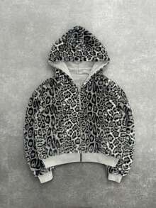 Sudadera con capucha y cremallera, reversible, estilo retro, con estampado de leopardo, para otoño e invierno. - Gris - Ver 2