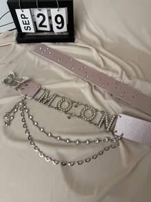 1pc Letter Retro PU Leather Crocodile Print Rhinestone Studded Moon/Light Buckle Decorative Belt, Y2K Abby Girl Streetwear Style, Versatile For Jeans, Skirts, Photography Prop Summer, School Fall, Autumn, Halloween - Multicolor - View 9