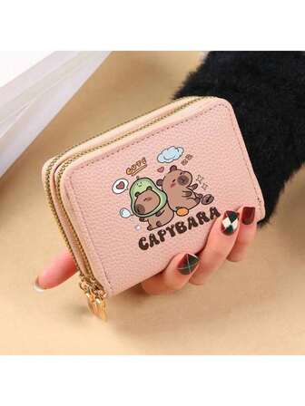 1pc "Cute Capybara" Printed Dual Zipper Credit Card Holder - Compact Dual Zipper Wallet With Capybara Pattern Design - Large Capacity Cash, ID, Credit Card And Essentials Storage Coin Purse, Perfect Gift For Family And Friends