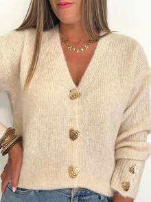 Pour Love & Bella Cardigan élégant et décontracté pour femmes, avec boutons dorés en forme de cœur, pull tricoté à épaules tombantes de couleur unie, manches longues, convient pour le port quotidien, le bureau, la rue, les sorties, l'automne/l'hiver, Noël, Thanksgiving, Nouvel An - Nude - Voir 2