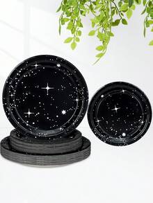 10pcs/20pcs/50pcs Stars Birthday Party Decorations Galaxy Plates Space Theme Black And Shining Star Paper Plate Supplies For Outer Spaces Disposable Tableware Set Birthday Baby Shower Night Sky Decor Supplies - Multicolor - View 1