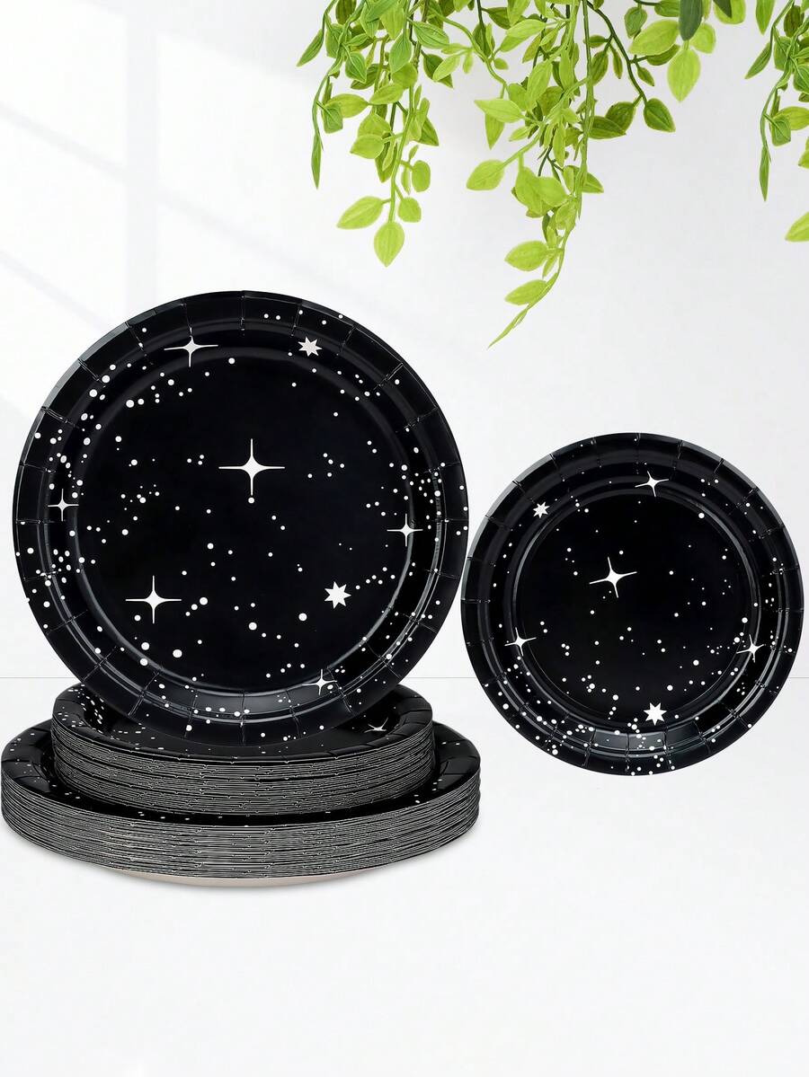 10pcs/20pcs/50pcs Stars Birthday Party Decorations Galaxy Plates Space Theme Black And Shining Star Paper Plate Supplies For Outer Spaces Disposable Tableware Set Birthday Baby Shower Night Sky Decor Supplies - Multicolor - View 1