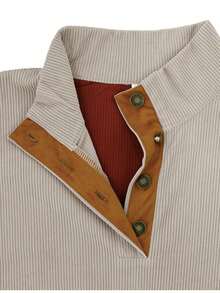 Men's Contrast Color Button Half Placket Long Sleeve Casual Loose Polo Shirt, Spring/Autumn - Red Violet - View 4
