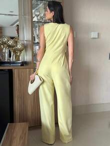Long Wrap Jumpsuit With V-Neck - Yellow - View 3