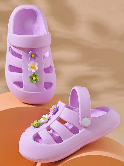 儿童镂空拖鞋，夏季轻便柔软EVA花卉图案女童户外罗马凉鞋