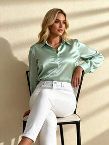 Women's Fashion Long Sleeve Shirt Collar Shirt Front Button Woven Fabric Regular Fit Blouse - Green - View 1