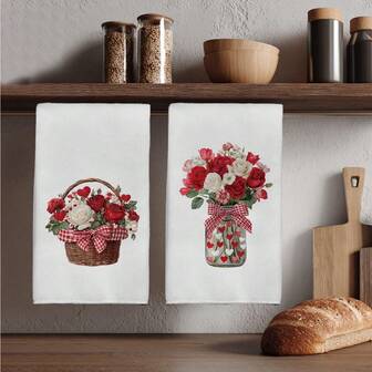 2pcs Rose Flower Printed Super Soft Microfiber Kitchen Towels, Perfect Gift For Housewarming, Family Gathering, Valentine's Day Kitchen Dish Cloths And Towels, Home Decor