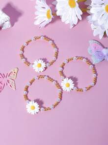 3件套女孩可爱花朵吊坠珍珠串珠手链腕带饰品，适合女孩日常佩戴和送礼。 - 彩色 - 查看 6