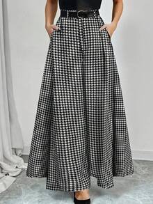 千鸟格印花口袋标志女裤，阔腿设计，适合日常、返校、聚会、机场、通勤等各种场合，四季皆宜 - 黑與白 - 查看 2