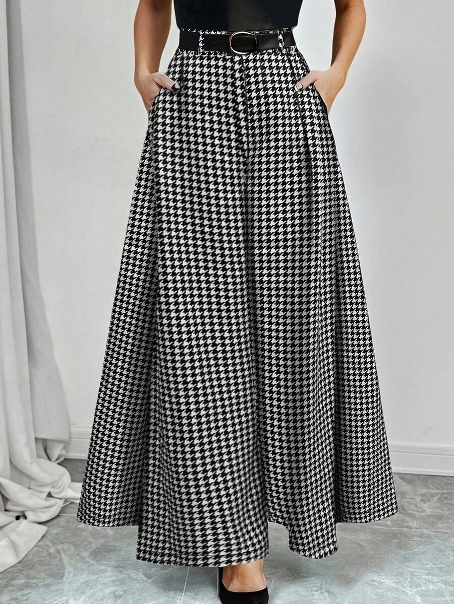 千鸟格印花口袋标志女裤，阔腿设计，适合日常、返校、聚会、机场、通勤等各种场合，四季皆宜