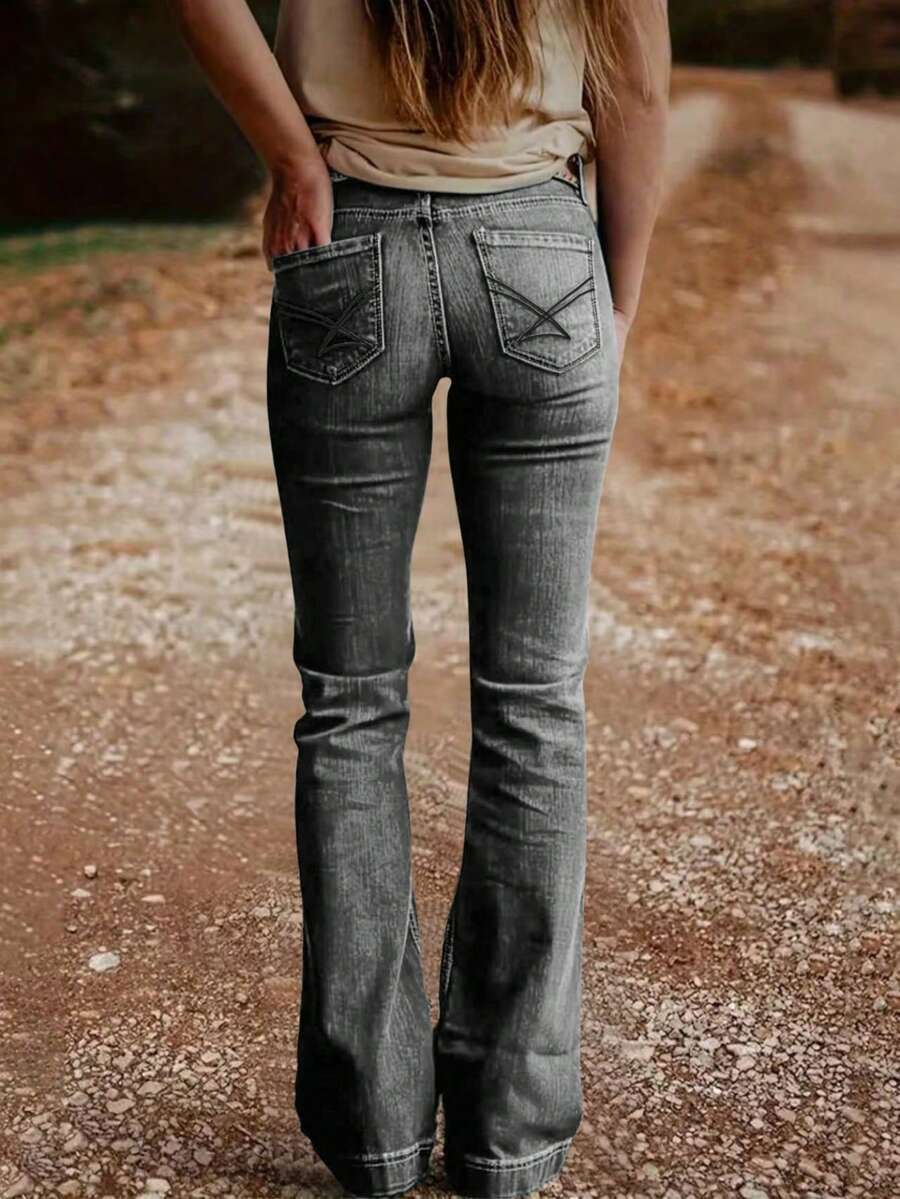 女士时尚后袋刺绣喇叭弹力牛仔裤，休闲春季款 - 黑灰色 - 查看 1