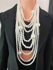 3pcs Vintage Minimalist Multi-Layer Pearl Necklace And Earring Jewelry Set - White - View 7