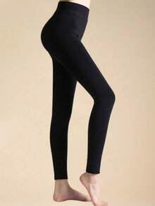 200克女士黑色加绒打底裤，保暖透气，百搭通勤七分裤，适合秋冬季穿着 - 黑色 - 查看 2