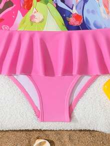 Young Girl Cartoon Princess Print Ruffled One-Piece Swimsuit - Pink - View 3