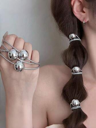 6pcs Shiny Silver Round Ball Elastic Hair Ties, Minimalist Chic Hair Scrunchies, Korean Style Ponytail Holders, Halloween Hair Accessories ,Hair Elastics ,Hair Rubber Bands ,Hair Rope