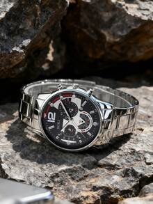 This Fashionable Men's Quartz Watch Set Includes 1 Necklace, 1 Bracelet, And 1 Ring, Featuring A Calendar Function, A Zinc Alloy Case, A Round Dial, And Electronic Hands. It Is A Perfect Choice For Daily Wear, And Also An Ideal Gift For Birthdays, Parties, And Holiday Gatherings - To Treat Yourself Or Give To Friends. (Gift Box Not Included) - Silver - View 7