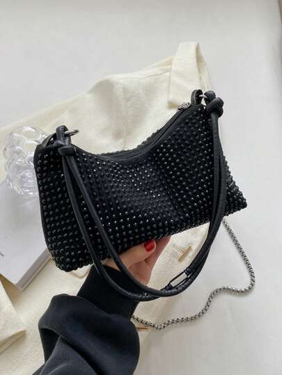 Rhinestone Crescent Bag, Fully Rhinestoned Velvet Underarm Bag, Fashionable Metal Chain Shoulder Crossbody Bag, Versatile Commuter Bag For Girls