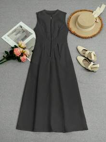 春夏时尚新款连衣裙，法式女装，长款，拉链开合，收腰，修身，返校装，美式长裙，教师装，70 年代风格连衣裙，通勤，极简主义，办公室装，复古，简约，法式，纯色连衣裙，春夏复古风格连衣裙，优雅，白色，圆领，无袖，女士时尚优雅无袖连衣裙，适合外穿 - 黑色 - 查看 1