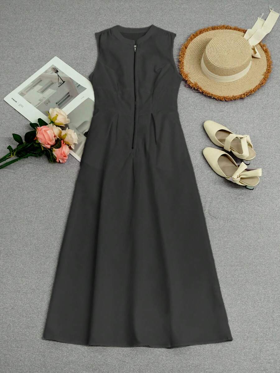 春夏时尚新款连衣裙，法式女装，长款，拉链开合，收腰，修身，返校装，美式长裙，教师装，70 年代风格连衣裙，通勤，极简主义，办公室装，复古，简约，法式，纯色连衣裙，春夏复古风格连衣裙，优雅，白色，圆领，无袖，女士时尚优雅无袖连衣裙，适合外穿 - 黑色 - 查看 1