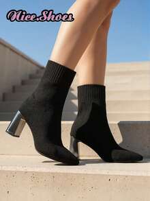 2025新款女士粗跟尖头靴，弹力修身靴，袜靴，高跟踝靴，绑带，黑色保暖靴，高跟中筒粗跟靴，舒适时尚尖头高跟鞋，休闲优雅靴，黑色靴，红色靴，棕色靴，咖啡色靴，卡其色靴，棕色靴 - 黑色 - 查看 6