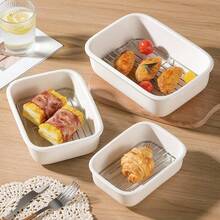 1 Piece - Ceramic Baking Tray With Grill Rack, Microwave/Steamer/Oven Usable, White Air Fryer Tray With Mesh, Suitable For Home And Commercial Use (Steaming Bowl, Hot Pot Side Dishes, Cheese Baked Rice Plate, Baking Tray, Heating Plate) - Oil Draining Tool