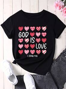 God Is Love Heart Pattern Christian T Shirt Women Relaxed Fit Casual Top John 4 16 Scture Graphic Tee White - 黑色 - 查看 2