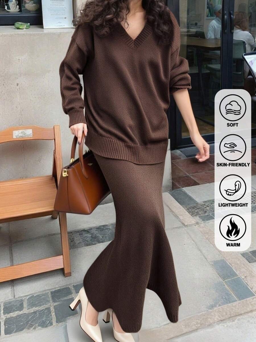 女士套装纯色 V 领长袖上衣和美人鱼裙优雅针织套装，宽松针织衫，适合通勤和街头风格 - 棕色 - 查看 1