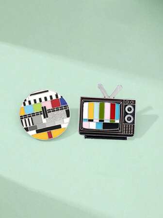 2pcs Old TV No Signal Metal Cartoon Brooch For Men And Women's Bags And Clothes Decoration Buckle