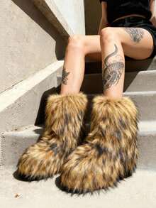 Women's Winter Furry Snow Boots For Women Fuzzy Fluffy Round Toe Suede Booties Flat Heel Slip On Outdoor Indoor Shoes EdgyElongate Fashion Warm Fluffy Christmas Shoes - 棕色 - 查看 10