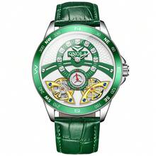 Reloj de hombre ONOLA de diseño de lujo casual con caja dorada, correa de cuero marrón, reloj mecánico de esqueleto de marca de lujo con doble rueda volante en el dial