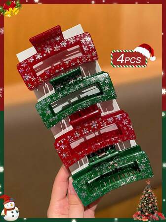 4 piezas Accesorios para el cabello de mujer, con diseños elegantes y bonitos de Papá Noel y copos de nieve, de estilo navideño, con brillos, para decoración navideña, cosplay de fiesta, accesorios para el cabello de mujer, regalos de Navidad