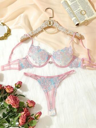 2件套性感蕾丝刺绣文胸+丁字裤内衣套装，女士情人节礼物