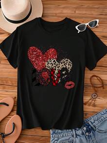Love Heart Leopard Print Glitter T Shirt Women Fashion Graphic Tee Valentine Gift Top - 黑色 - 查看 3