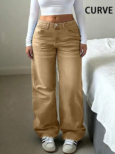 欧美街头流行中腰日常基础款宽松休闲腰部弹力大码女直筒牛仔裤