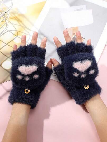 1 Pair Women's Outdoor Casual Solid Color Plush Warm Fabric Thickened Touchscreen Cat Claw Gloves, Fashion Versatile Multi-Color Options, Ideal For Writing, Office, Outdoor Activities, Street, Daily Use, Great Gift Choice+Winter Gear+Gloves Bear+Christmas