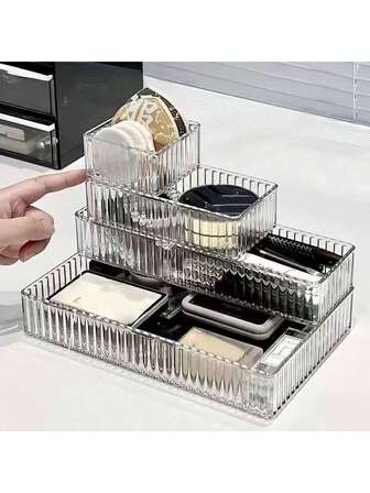 1pc Transparent Drawer Organizer Box With Compartments, Makeup Organizer For Vanity Table, Skincare Products Storage, Perfume Holder, Lipstick & Eyebrow Pencil Case