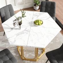 Hexagonal Marble Table (1 Piece) Hexagonal Kitchen Table Breakfast Table Metal Legs Marble Pattern Gold - Gold - View 10