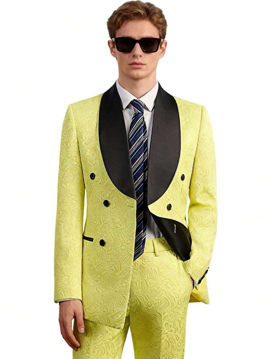 Men's Suit Floral Print Double Breasted Tuxedo Set | Shawl Lapel Blazer Jacket & Pant For Wedding & Formal Events - 黃色 - 查看 1